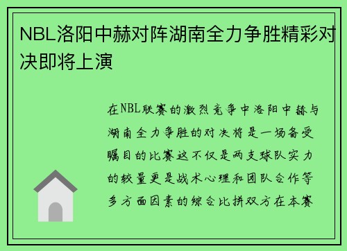 NBL洛阳中赫对阵湖南全力争胜精彩对决即将上演